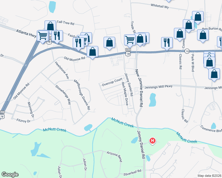 map of restaurants, bars, coffee shops, grocery stores, and more near 341 Ridge Pointe Drive in Athens