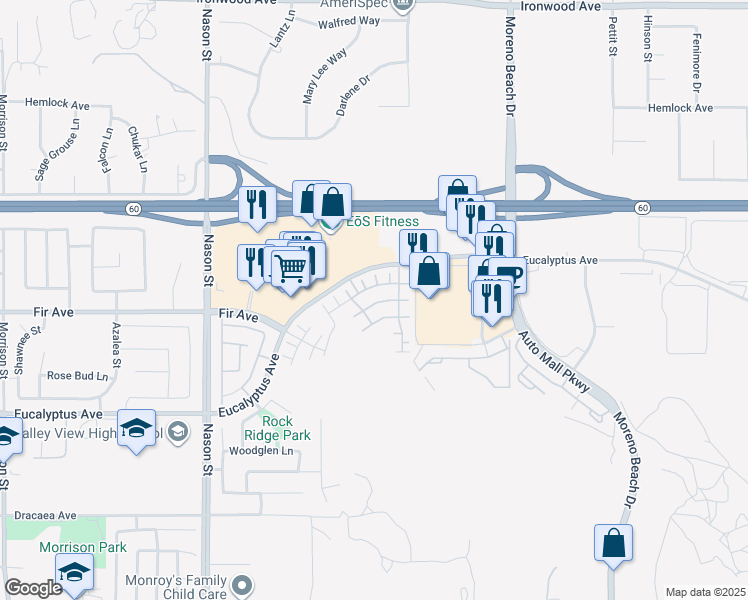 map of restaurants, bars, coffee shops, grocery stores, and more near 27384 Red Rock Road in Moreno Valley