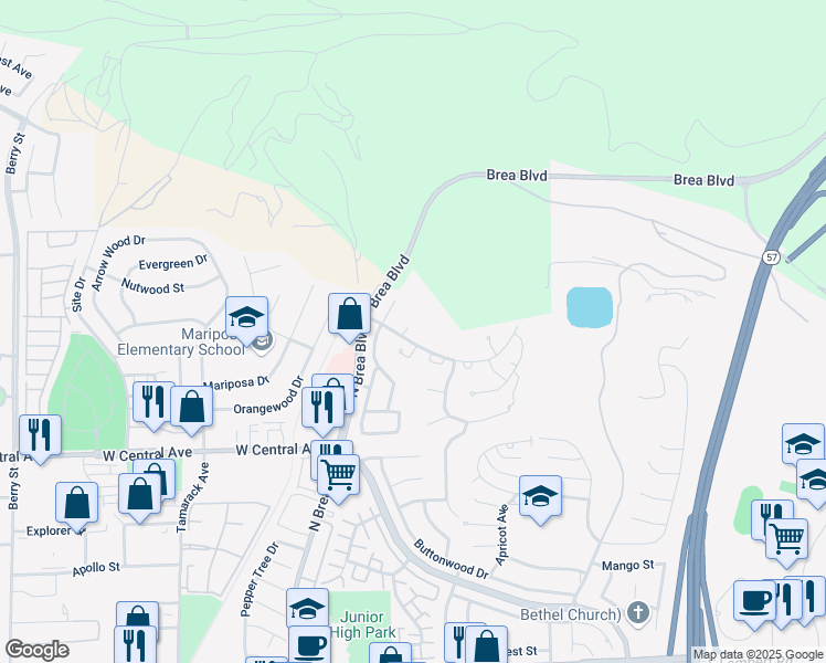 map of restaurants, bars, coffee shops, grocery stores, and more near 1116 Niguel Canyon Way in Brea