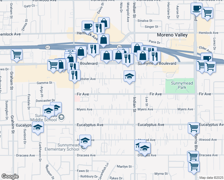 map of restaurants, bars, coffee shops, grocery stores, and more near 24320 Fir Avenue in Moreno Valley