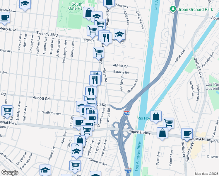 map of restaurants, bars, coffee shops, grocery stores, and more near 5205 Katella Road in South Gate