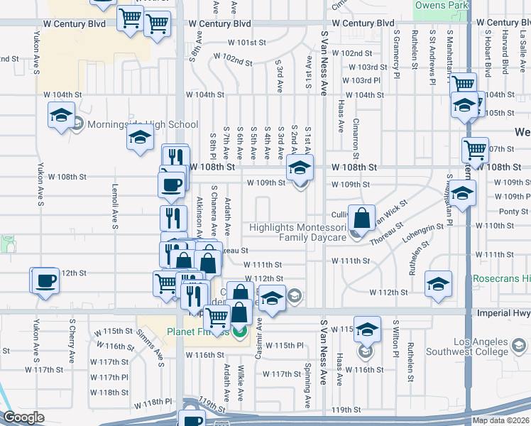 map of restaurants, bars, coffee shops, grocery stores, and more near 10950 Penney Avenue in Inglewood