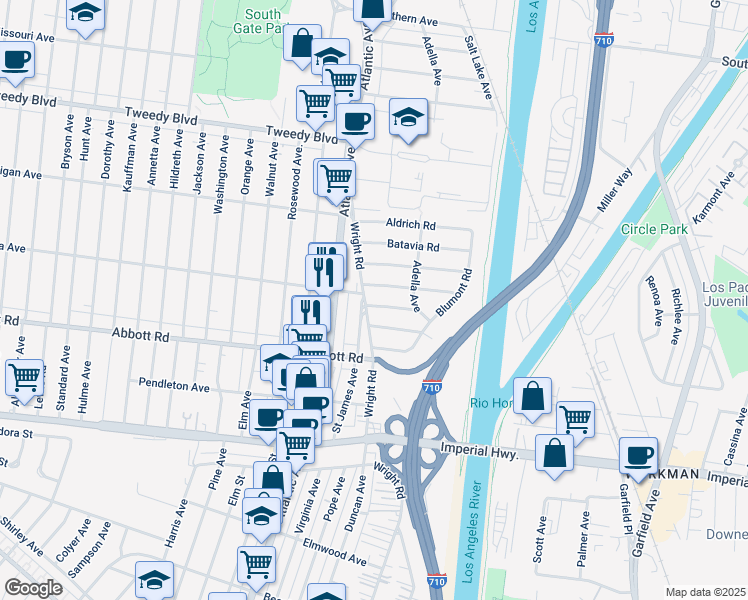 map of restaurants, bars, coffee shops, grocery stores, and more near 5205 Katella Road in South Gate