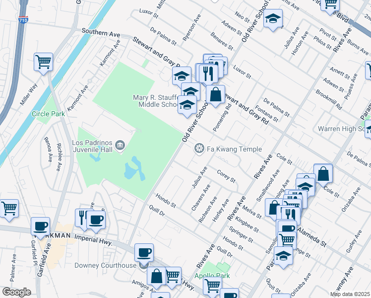 map of restaurants, bars, coffee shops, grocery stores, and more near 12118 Old River School Road in Downey