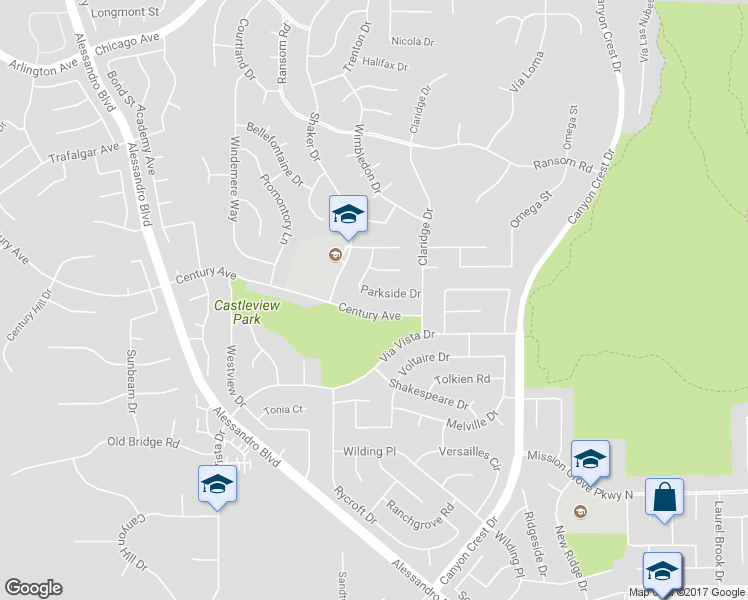 map of restaurants, bars, coffee shops, grocery stores, and more near 1358 Parkside Drive in Riverside