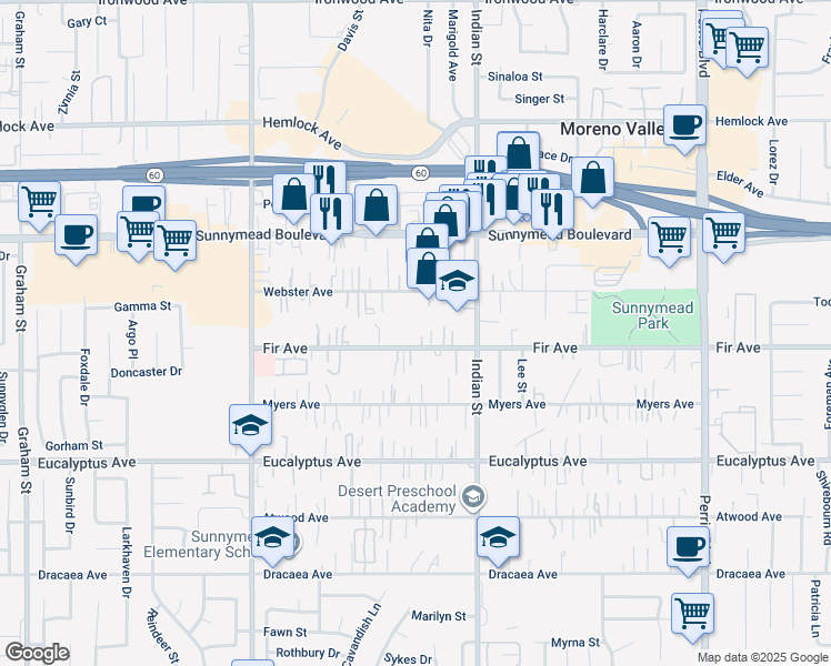 map of restaurants, bars, coffee shops, grocery stores, and more near 24384 Fir Avenue in Moreno Valley