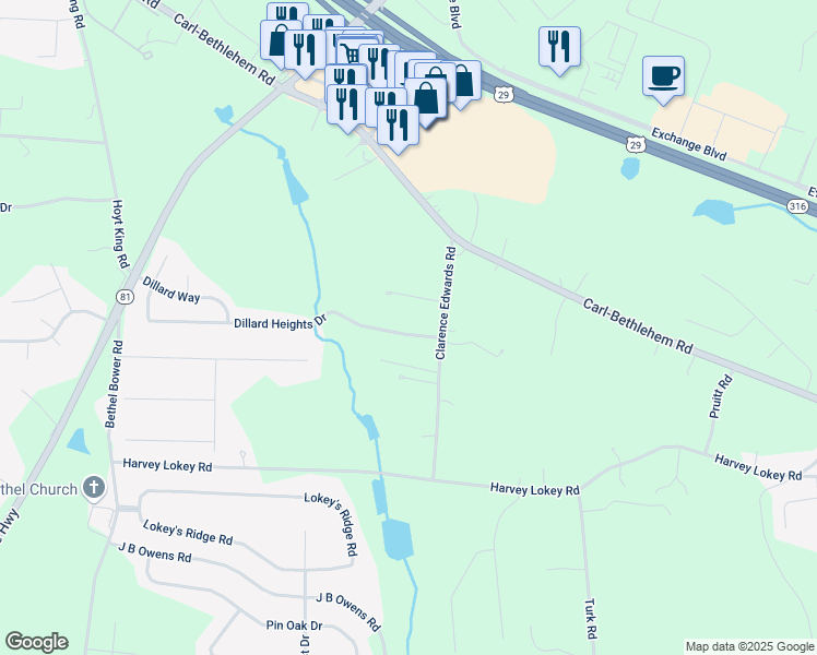 map of restaurants, bars, coffee shops, grocery stores, and more near 1526 Dillard Heights Drive in Bethlehem