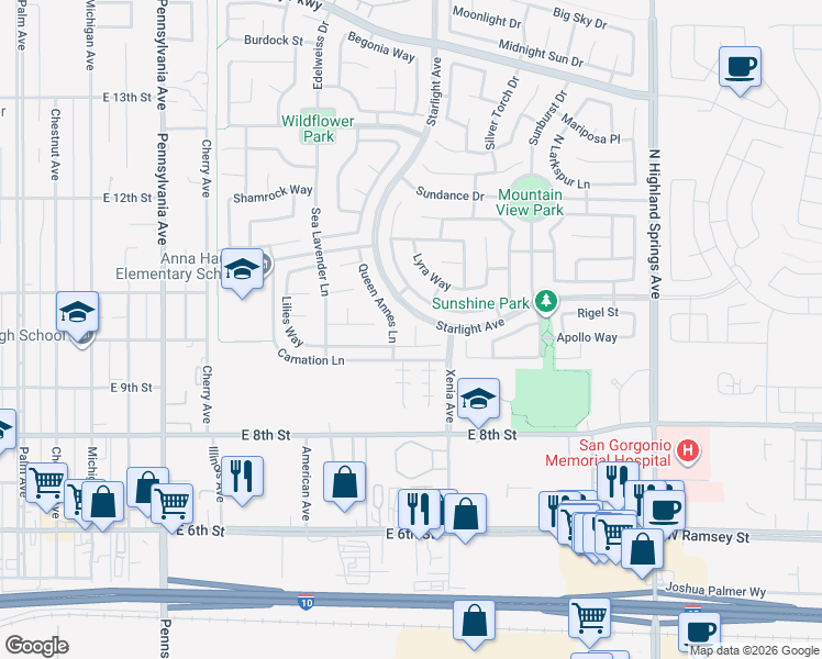 map of restaurants, bars, coffee shops, grocery stores, and more near 959 Dahlia Place in Beaumont