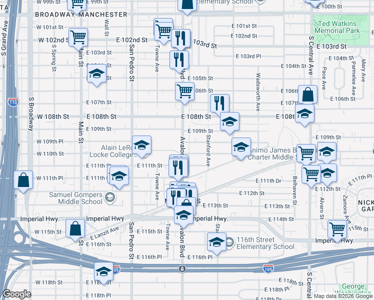 map of restaurants, bars, coffee shops, grocery stores, and more near 619 East 110th Street in Los Angeles