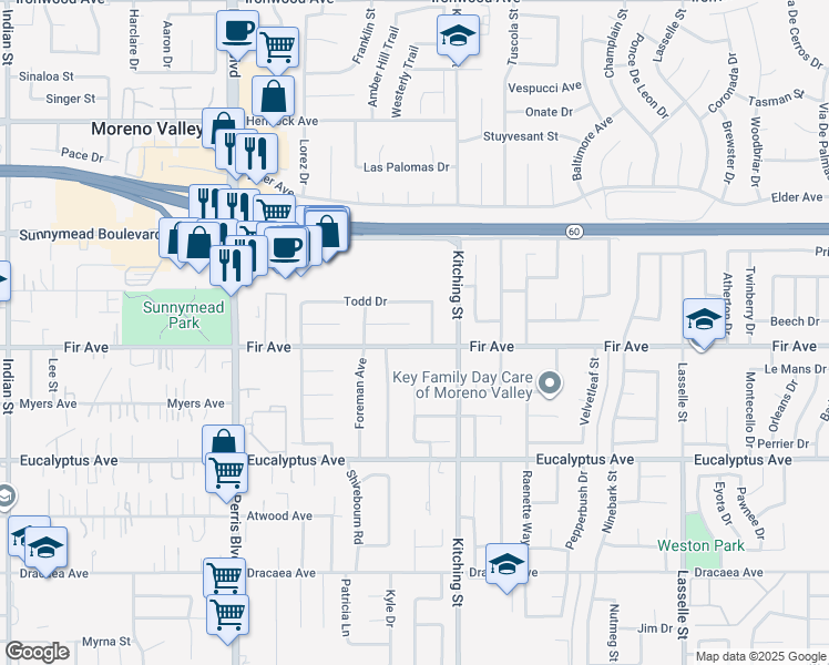 map of restaurants, bars, coffee shops, grocery stores, and more near 25389 Judith Place in Moreno Valley