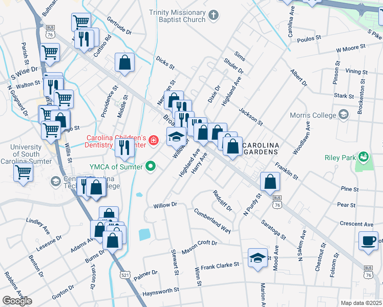 map of restaurants, bars, coffee shops, grocery stores, and more near 62 Highland Avenue in Sumter