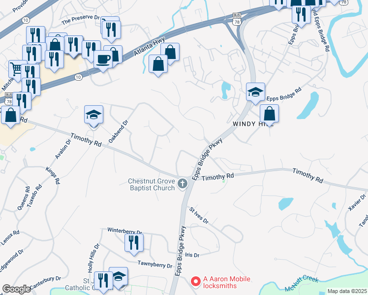 map of restaurants, bars, coffee shops, grocery stores, and more near 140 Kirkwood Drive in Athens