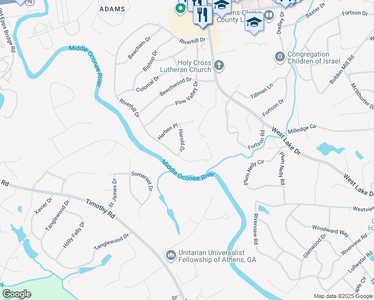 map of restaurants, bars, coffee shops, grocery stores, and more near 130 Harold Drive in Athens