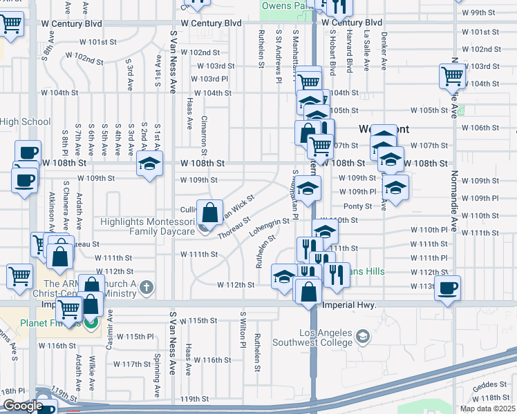 map of restaurants, bars, coffee shops, grocery stores, and more near 1935 Thoreau Street in Los Angeles