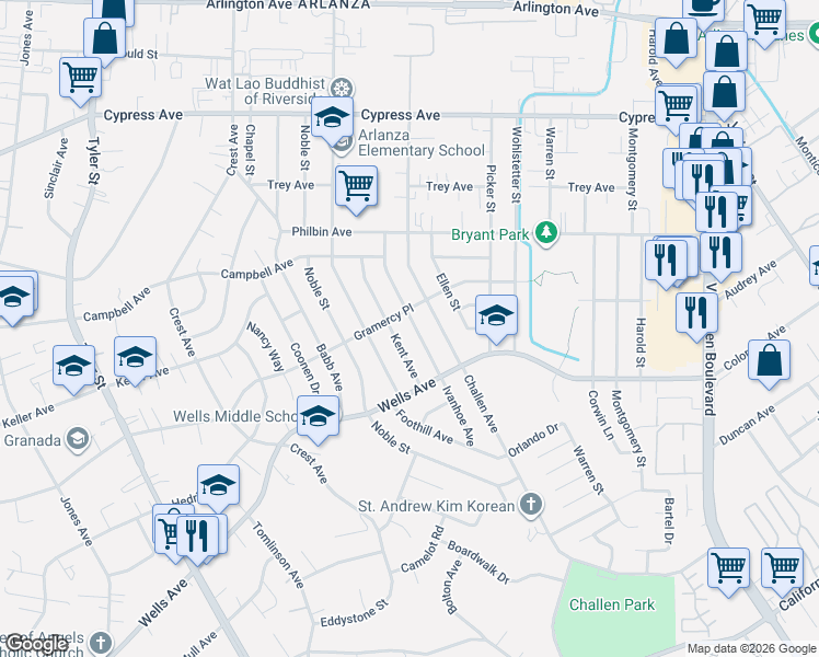 map of restaurants, bars, coffee shops, grocery stores, and more near 5416 Ivanhoe Avenue in Riverside