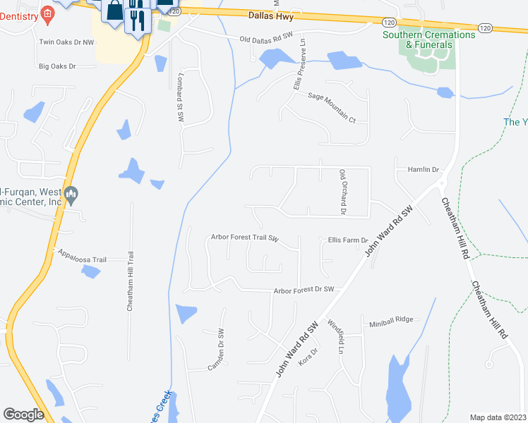map of restaurants, bars, coffee shops, grocery stores, and more near 1850 Winding Creek Lane Southwest in Marietta