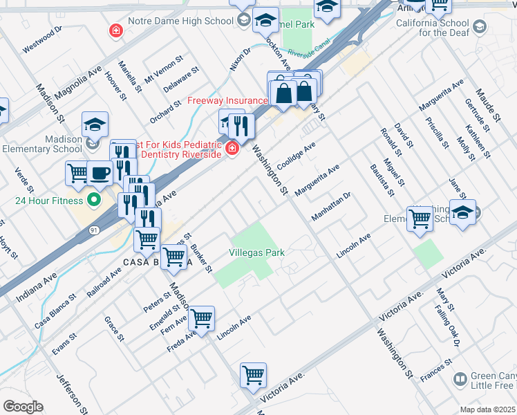 map of restaurants, bars, coffee shops, grocery stores, and more near 3133 Jacaranda Street in Riverside