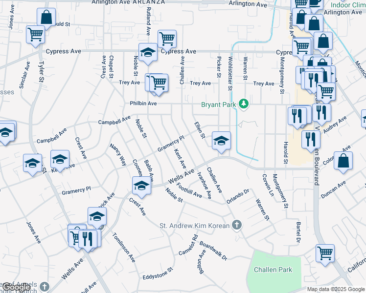 map of restaurants, bars, coffee shops, grocery stores, and more near 5415 Kent Avenue in Riverside