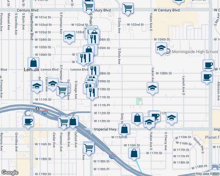 map of restaurants, bars, coffee shops, grocery stores, and more near 3843 West 110th Street in Inglewood