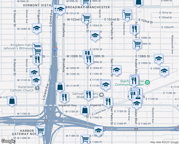 map of restaurants, bars, coffee shops, grocery stores, and more near 10970 South Main Street in Los Angeles