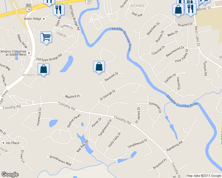 map of restaurants, bars, coffee shops, grocery stores, and more near 265 St George Dr in Athens