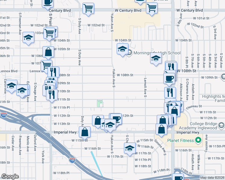 map of restaurants, bars, coffee shops, grocery stores, and more near 10929 Yukon Avenue South in Inglewood
