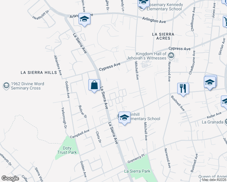 map of restaurants, bars, coffee shops, grocery stores, and more near 11020 Sierra Tree Lane in Riverside
