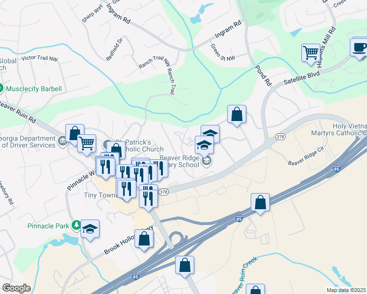map of restaurants, bars, coffee shops, grocery stores, and more near 100 Castor Drive in Norcross