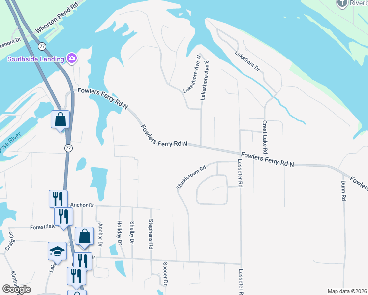 map of restaurants, bars, coffee shops, grocery stores, and more near 3441 Fowlers Ferry Road North in Gadsden