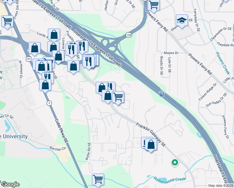 map of restaurants, bars, coffee shops, grocery stores, and more near 707 Franklin Gateway Southeast in Marietta
