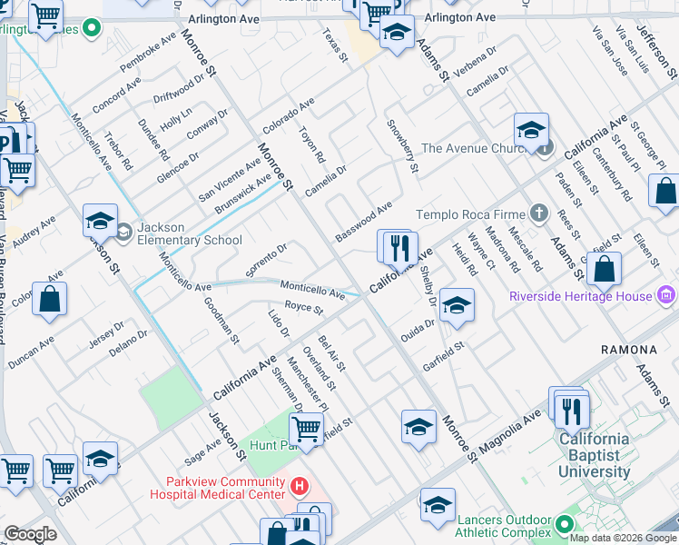 map of restaurants, bars, coffee shops, grocery stores, and more near 4264 Monroe Street in Riverside