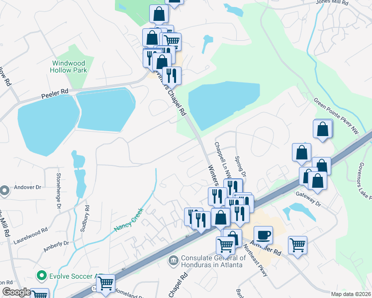 map of restaurants, bars, coffee shops, grocery stores, and more near 2909 Winterhaven Court in Atlanta