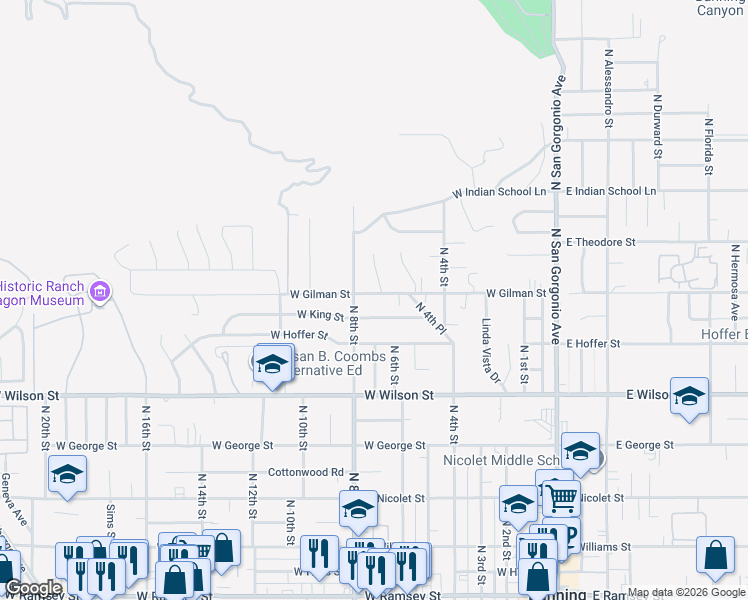 map of restaurants, bars, coffee shops, grocery stores, and more near 720 West Gilman Street in Banning