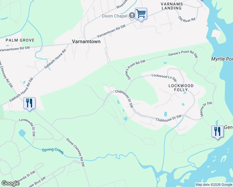 map of restaurants, bars, coffee shops, grocery stores, and more near 265 Clubhouse Dr SW in Brunswick