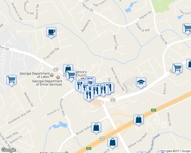 map of restaurants, bars, coffee shops, grocery stores, and more near 5052 Rockborough Trail Northwest in Norcross