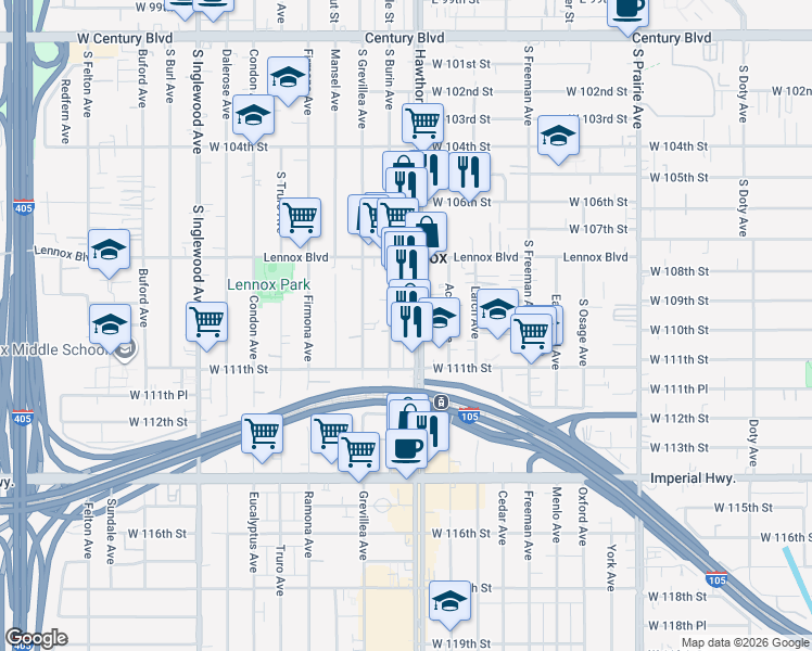 map of restaurants, bars, coffee shops, grocery stores, and more near 11003 Hawthorne Boulevard in Inglewood