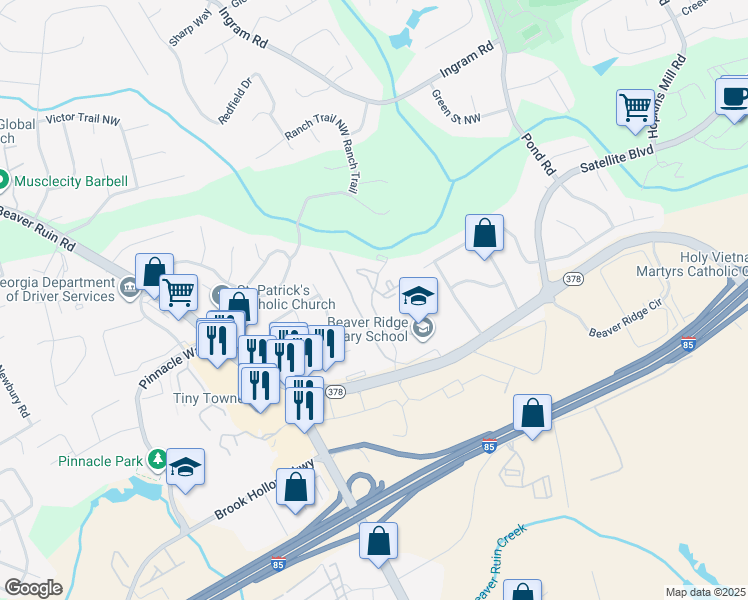map of restaurants, bars, coffee shops, grocery stores, and more near 100 Castor Drive in Norcross