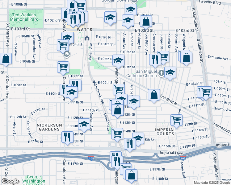 map of restaurants, bars, coffee shops, grocery stores, and more near 10959 Wilmington Avenue in Los Angeles