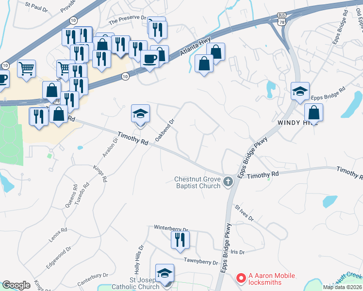 map of restaurants, bars, coffee shops, grocery stores, and more near 120 Benjamin Drive in Athens