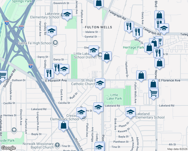 map of restaurants, bars, coffee shops, grocery stores, and more near 11733 Florence Avenue in Santa Fe Springs
