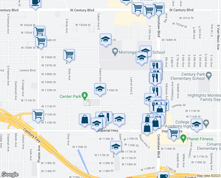 map of restaurants, bars, coffee shops, grocery stores, and more near 3517 West 110th Street in Inglewood