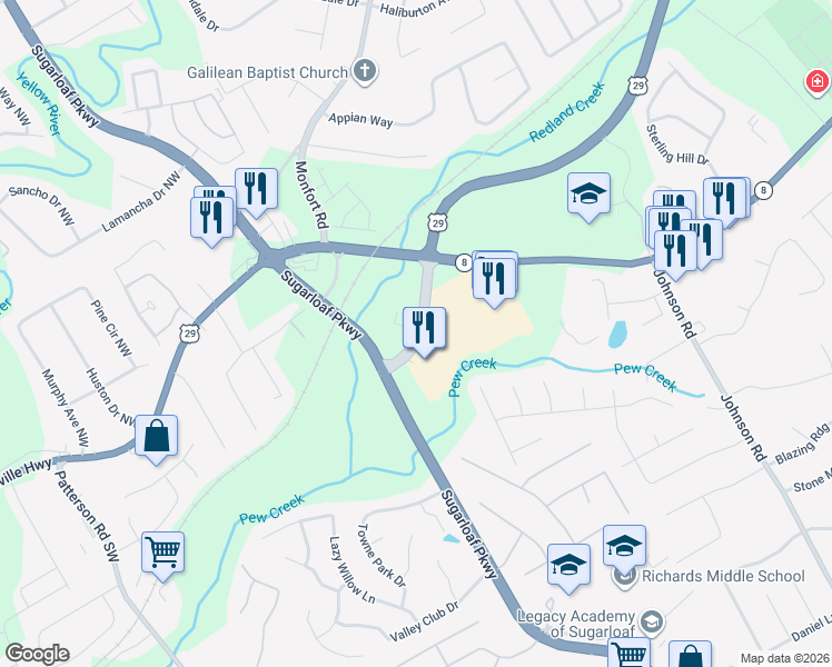 map of restaurants, bars, coffee shops, grocery stores, and more near 80 Lawrenceville-Suwanee Road in Lawrenceville