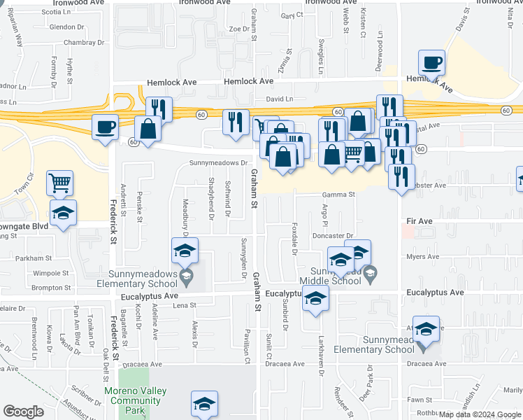 map of restaurants, bars, coffee shops, grocery stores, and more near 12707 Gorham Street in Moreno Valley