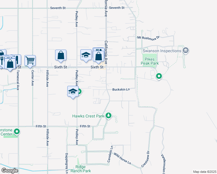 map of restaurants, bars, coffee shops, grocery stores, and more near 291 Buckskin Lane in Norco
