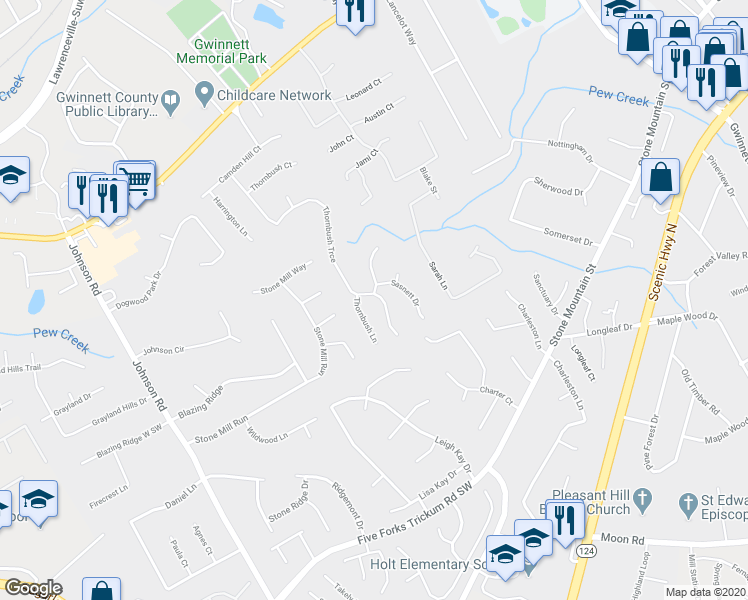 map of restaurants, bars, coffee shops, grocery stores, and more near 521 Thornbush Trce in Lawrenceville