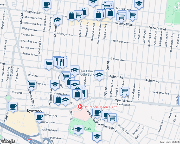map of restaurants, bars, coffee shops, grocery stores, and more near 4025 Abbott Road in Lynwood