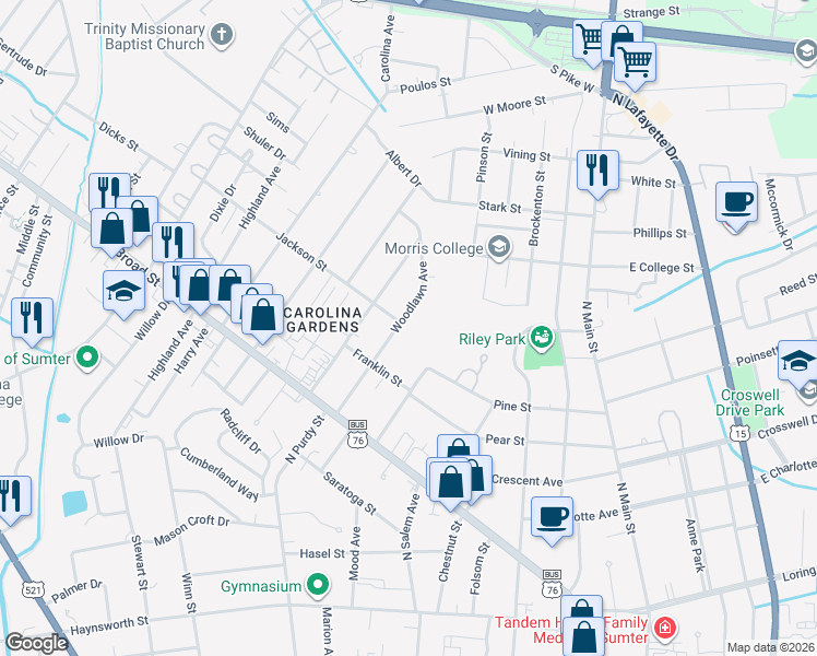 map of restaurants, bars, coffee shops, grocery stores, and more near 121 Woodlawn Avenue in Sumter
