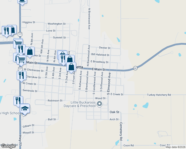map of restaurants, bars, coffee shops, grocery stores, and more near 301 East Chickasaw Street in Marietta