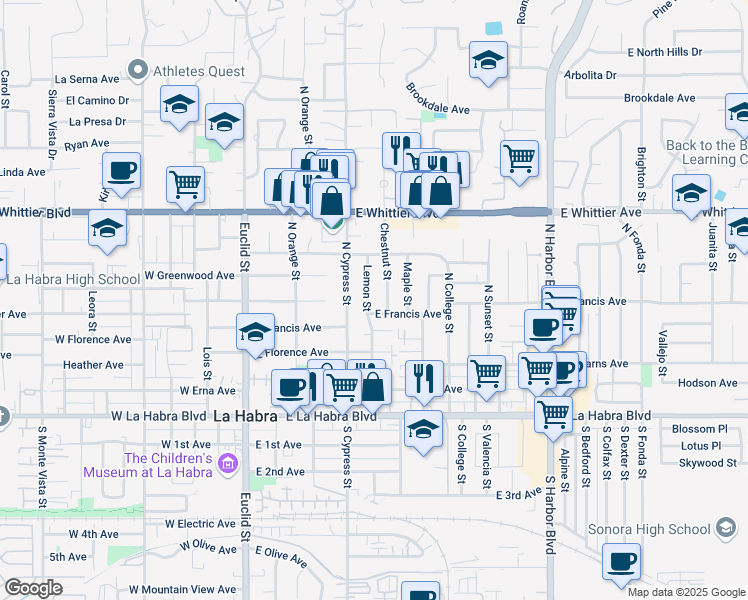 map of restaurants, bars, coffee shops, grocery stores, and more near 520 Lemon St in La Habra
