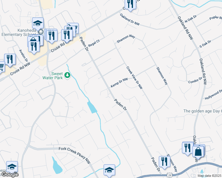 map of restaurants, bars, coffee shops, grocery stores, and more near 646 Paden Drive in Lawrenceville